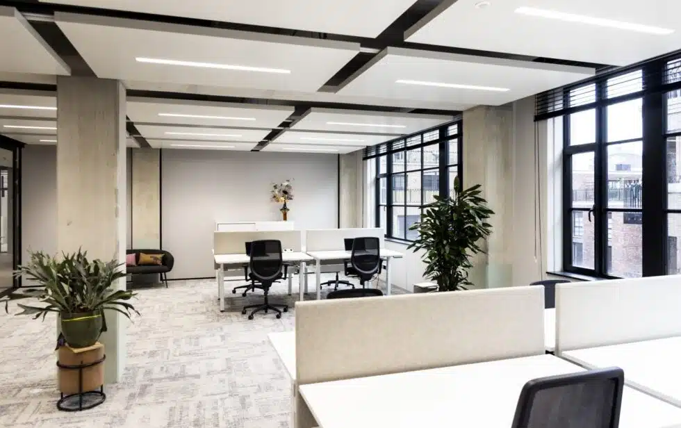 Een moderne, heldere kantoorruimte met bureaus, stoelen en verschillende planten.