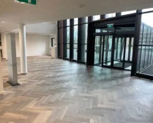 Lichte, lege entreehal met visgraatvloer en glazen draaideuren naar buiten.