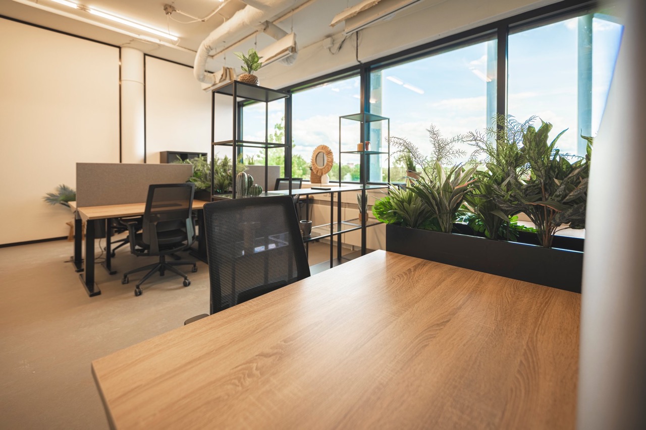 Moderne kantoorruimte met houten bureaus, ergonomische stoelen en veel groene planten bij het raam.