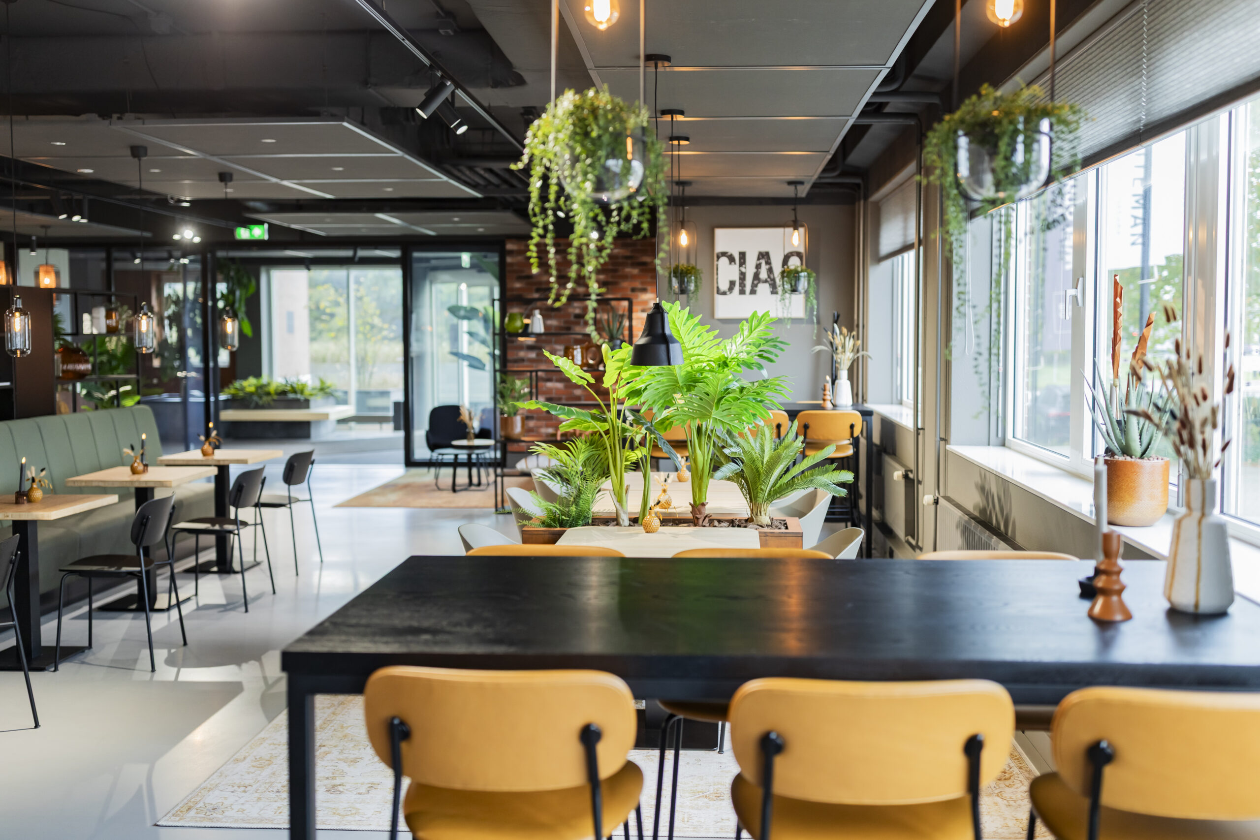 Moderne en lichte ruimte met tafels en planten bij de entree van EO-BARNV-73.