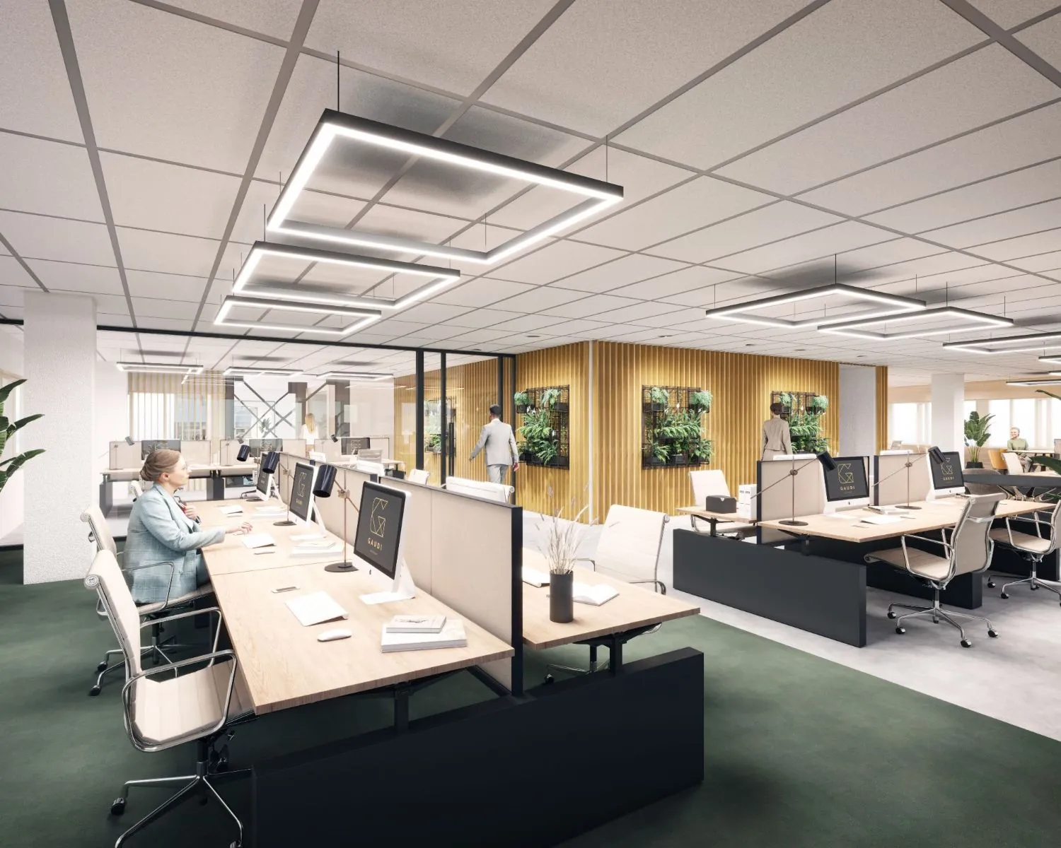 Moderne open kantoorruimte met werkplekken en groene accenten aan de Herikerbergweg 288-290 in Amsterdam.