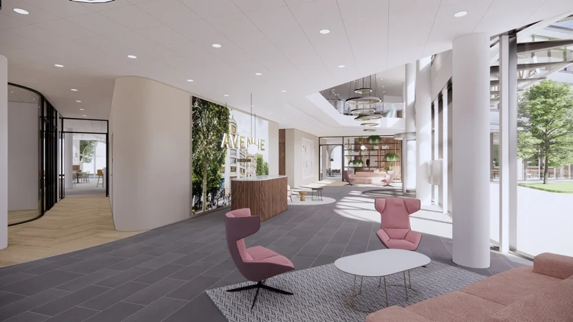 Moderne en lichte lobby van een kantoorgebouw aan de Europalaan met zithoeken en een receptiebalie.
