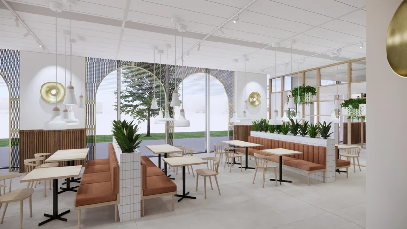 Modern ingericht café-restaurant aan de Europalaan met houten meubels, planten en grote boogramen.