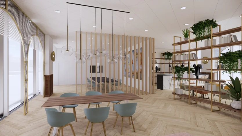 Modern ingerichte kantoorruimte aan de Europalaan met een vergadertafel, designmeubilair en veel natuurlijk licht.