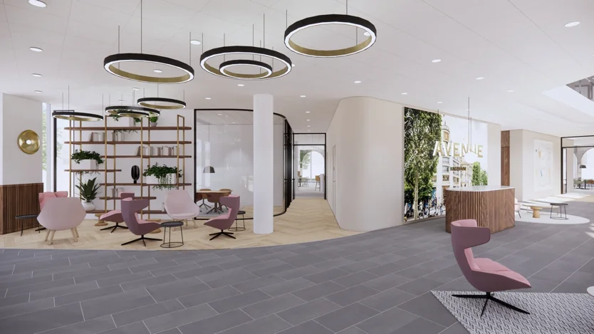 Moderne en stijlvol ingerichte lobby van kantoorgebouw Europalaan Avenue met zithoeken, hanglampen en een ontvangstbalie.