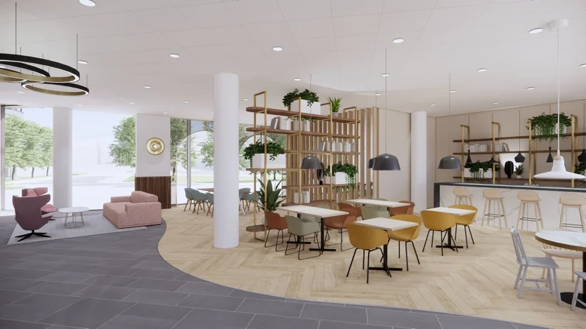 Moderne en licht ingerichte horecaruimte aan de Europalaan met zitgedeeltes, planten en een bar.