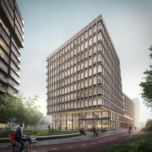 Moderne kantoorgebouwen aan de Gelrestraat met fietspad en voorbijgangers op de voorgrond.