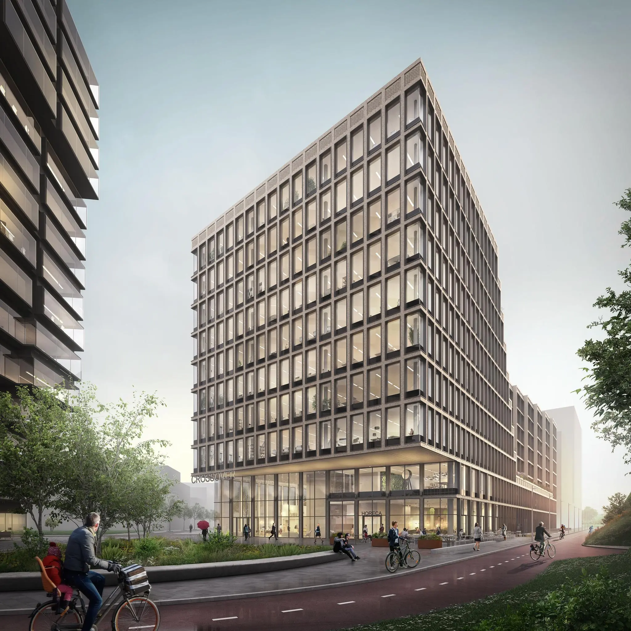 Moderne kantoorgebouwen aan de Gelrestraat met fietspad en voorbijgangers op de voorgrond.