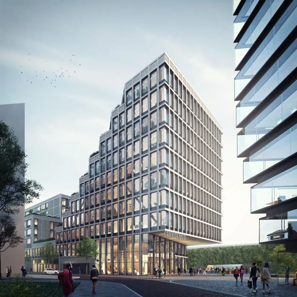 Modern kantoorgebouw aan de Gelrestraat in Amsterdam met trapvormige architectuur en glazen gevels.