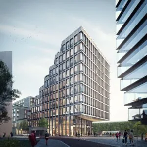 Modern kantoorgebouw aan de Gelrestraat in Amsterdam met trapvormige architectuur en glazen gevels.