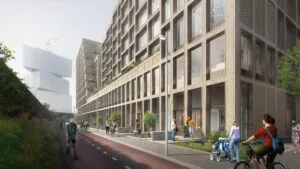 Moderne woongebouwen aan de Gelrestraat met fietsers en voetgangers op een zonnige dag.