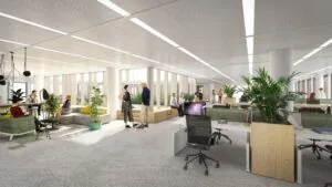 Modern kantoorinterieur aan de Gelrestraat met open werkplekken, loungemeubilair en veel groen.
