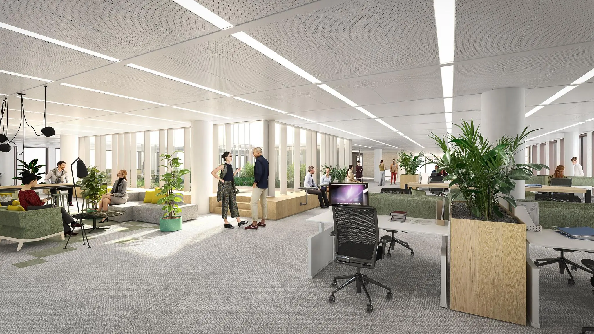 Modern kantoorinterieur aan de Gelrestraat met open werkplekken, loungemeubilair en veel groen.