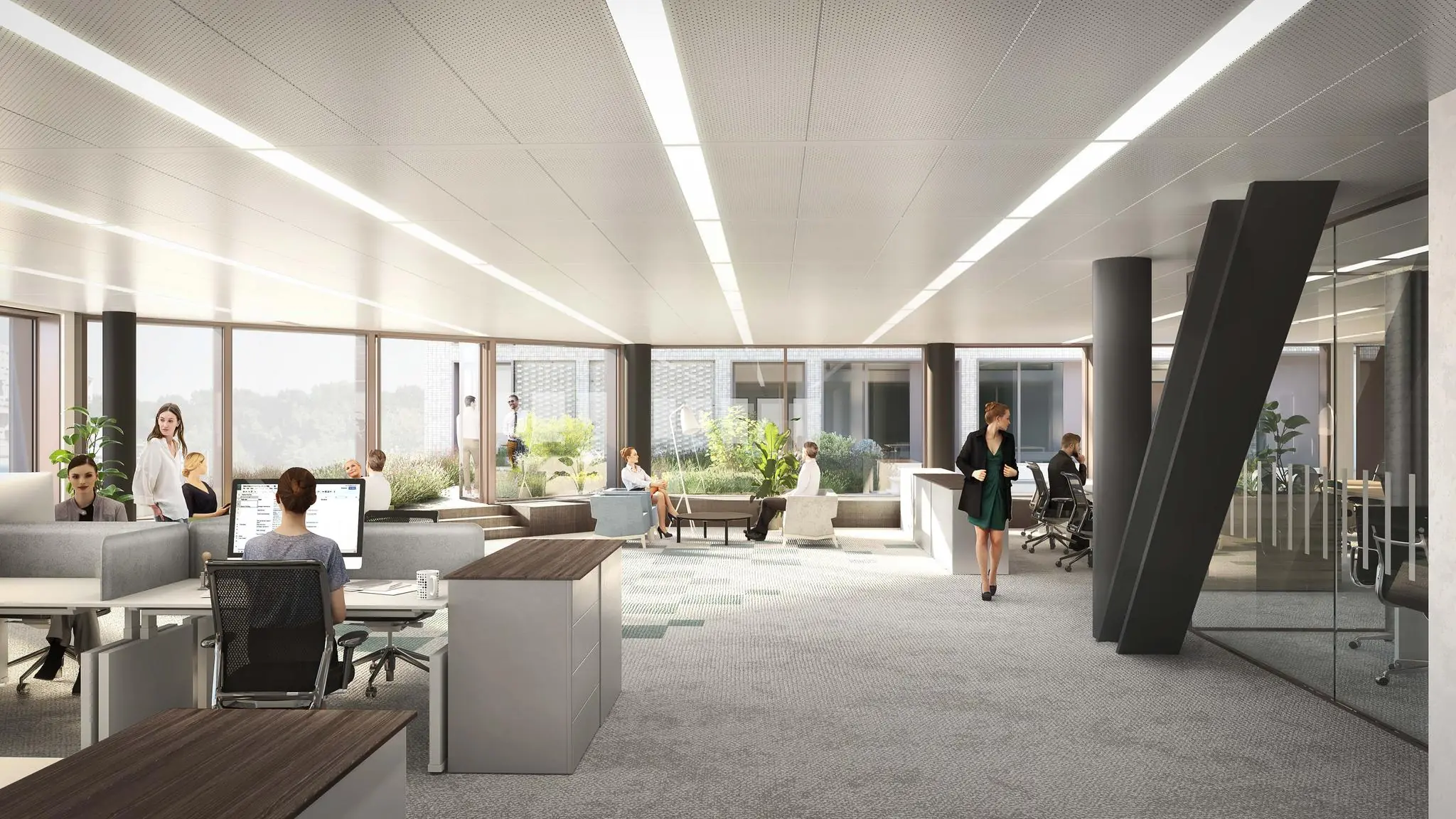 Moderne kantoortuin aan de Gelrestraat met werkplekken, overlegplekken en veel daglicht.