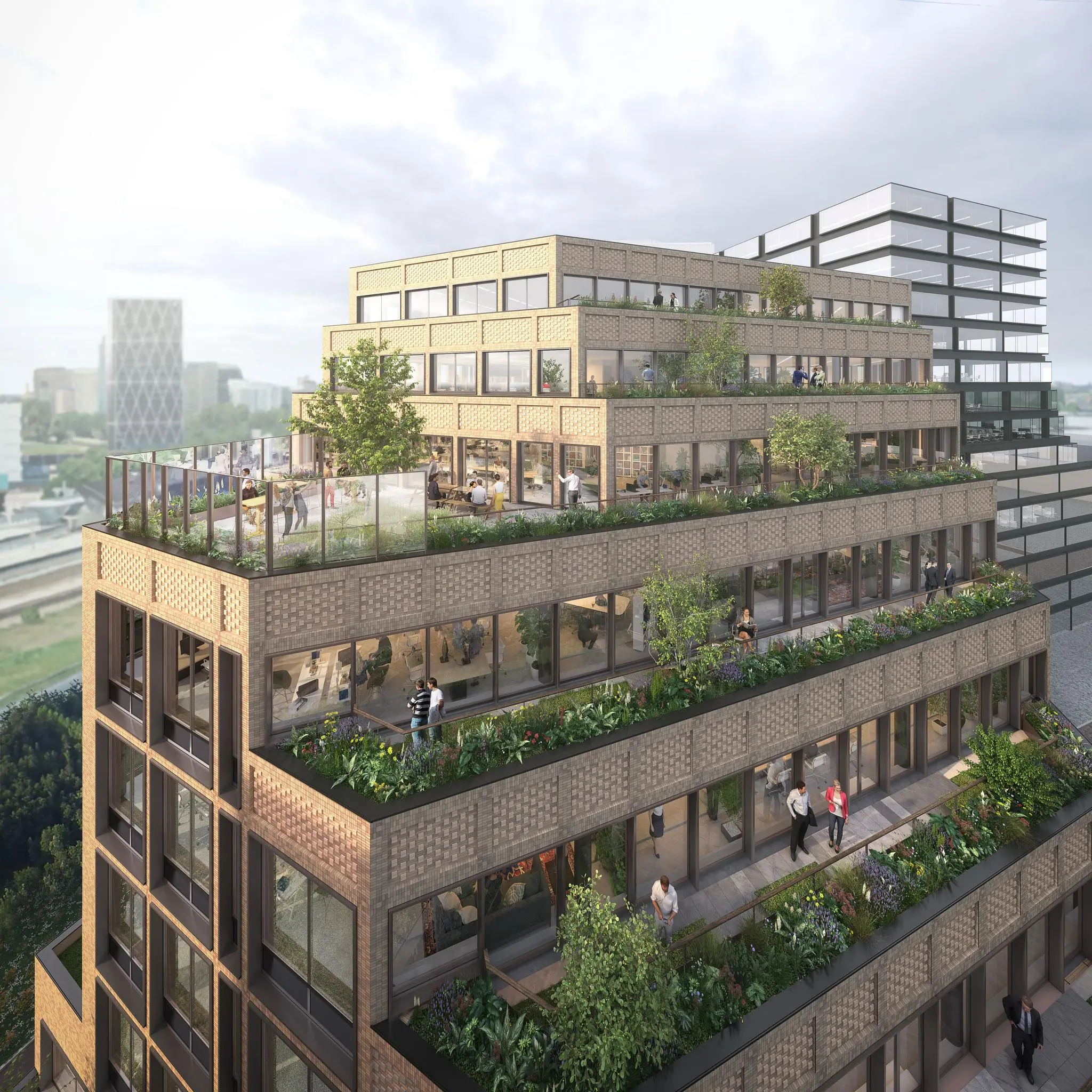 Terrasvormig kantoorgebouw aan de Gelrestraat met veel groen en grote ramen.