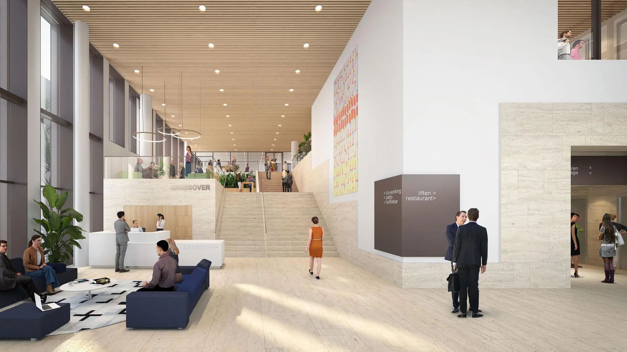 Moderne en lichte entreehal van het kantoorgebouw aan de Gelrestraat met receptie, zitgedeelte en trap naar de bovengelegen werkruimtes.