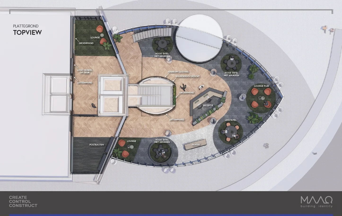 Plattegrond van de inrichting van Wilhelminaplein met loungeplekken, receptie, leestafel en pantry in bovenaanzicht.