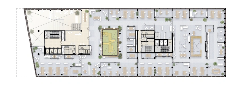 Plattegrond van een kantoorverdieping aan de Gelrestraat met open werkplekken, vergaderruimten en centrale voorzieningen.