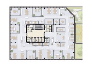 Plattegrond van een modern kantoorpand aan de Gelrestraat met open werkplekken, vergaderruimtes en centrale voorzieningen.