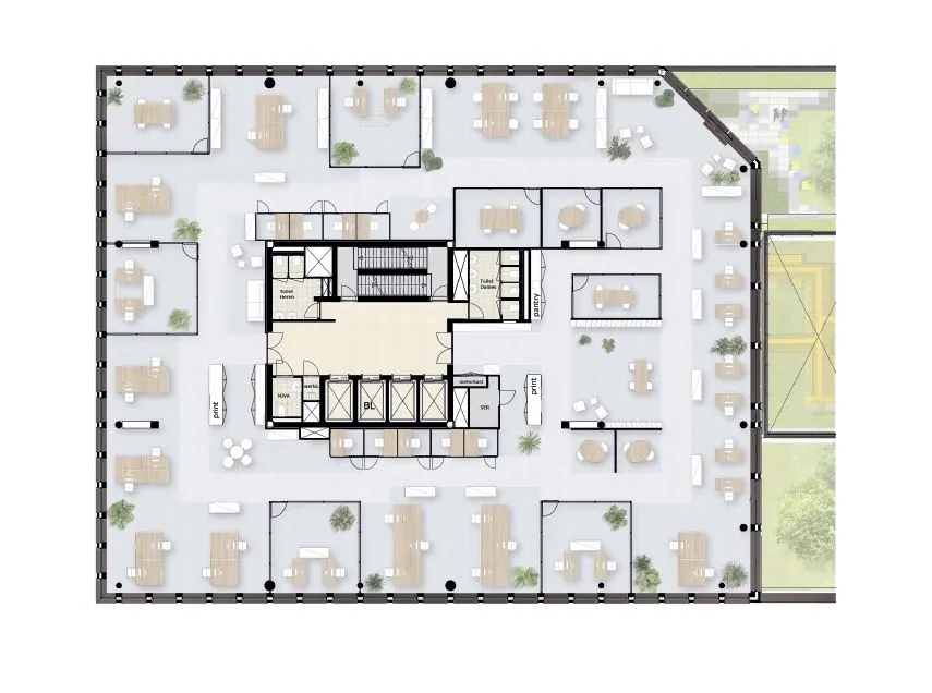 Plattegrond van een modern kantoorpand aan de Gelrestraat met open werkplekken, vergaderruimtes en centrale voorzieningen.