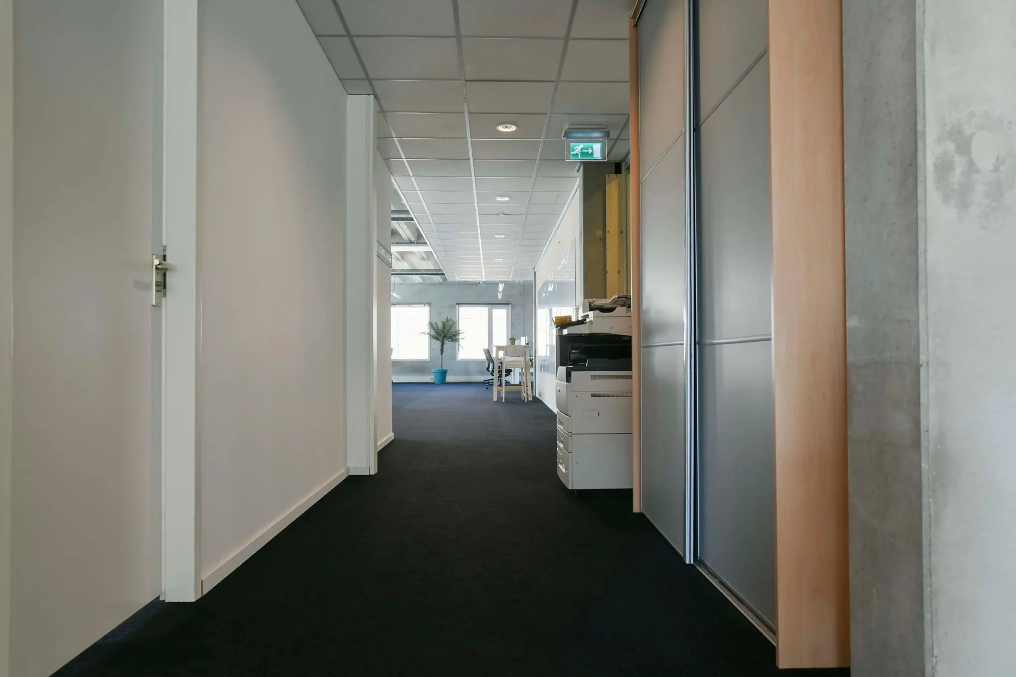 Moderne kantoorgang met tapijtvloer, kasten, printer en zicht op een werkruimte met daglicht en een plant.
