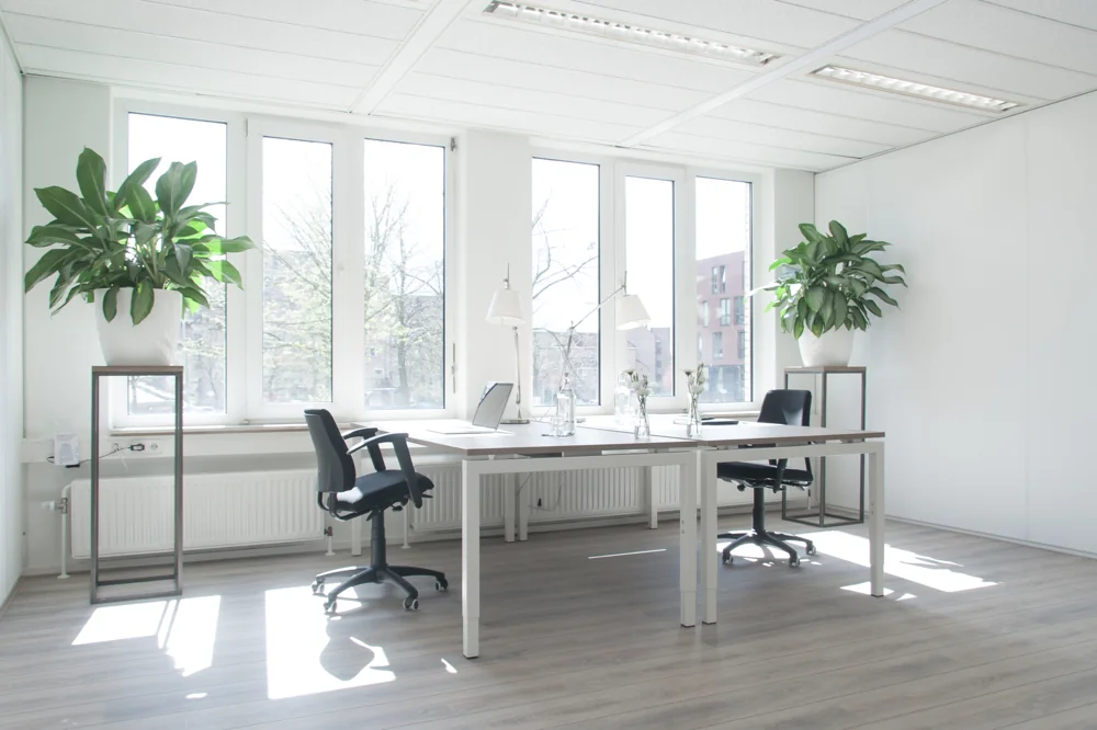 Licht en modern kantoor aan de Huizermaatweg met twee werkplekken, grote ramen en groene planten.
