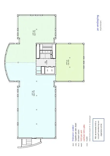 Plattegrond van de tweede verdieping van het Rhijnspoor-gebouw met ingetekende kantoorruimtes en technische voorzieningen.