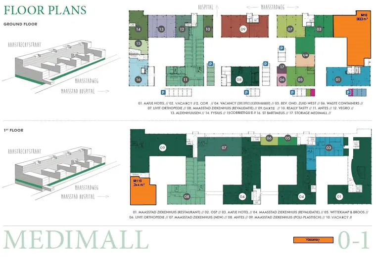 Plattegrond van de begane grond en eerste verdieping van Medimall aan de Haastrechtstraat met ingekleurde units en ruimtenummers.