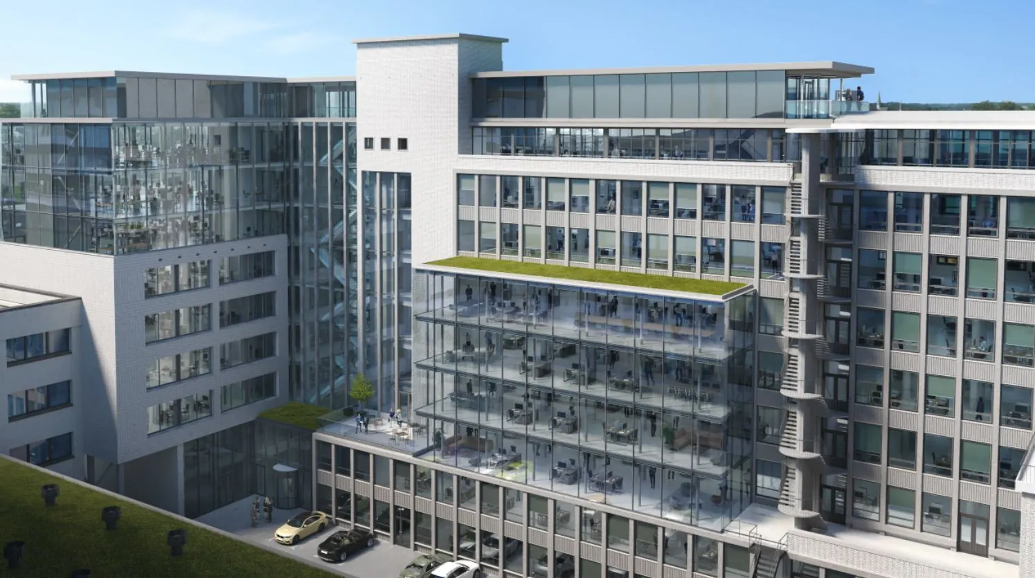 Moderne kantoorgebouwen aan de Catharijnesingel met grote glazen gevels en dakterrassen.