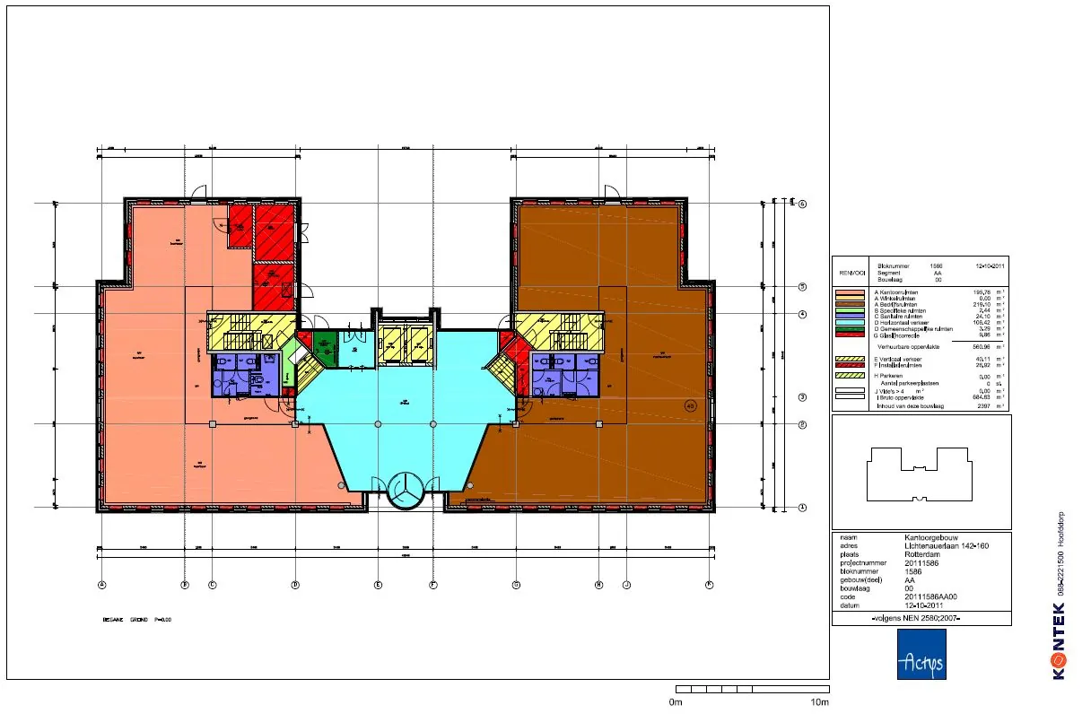 Plattegrond van een kantoorgebouw aan de Lichtenauerlaan 142-160 in Rotterdam met verschillende gekleurde zones voor functies zoals kantoorruimten, verkeersruimten en installaties.