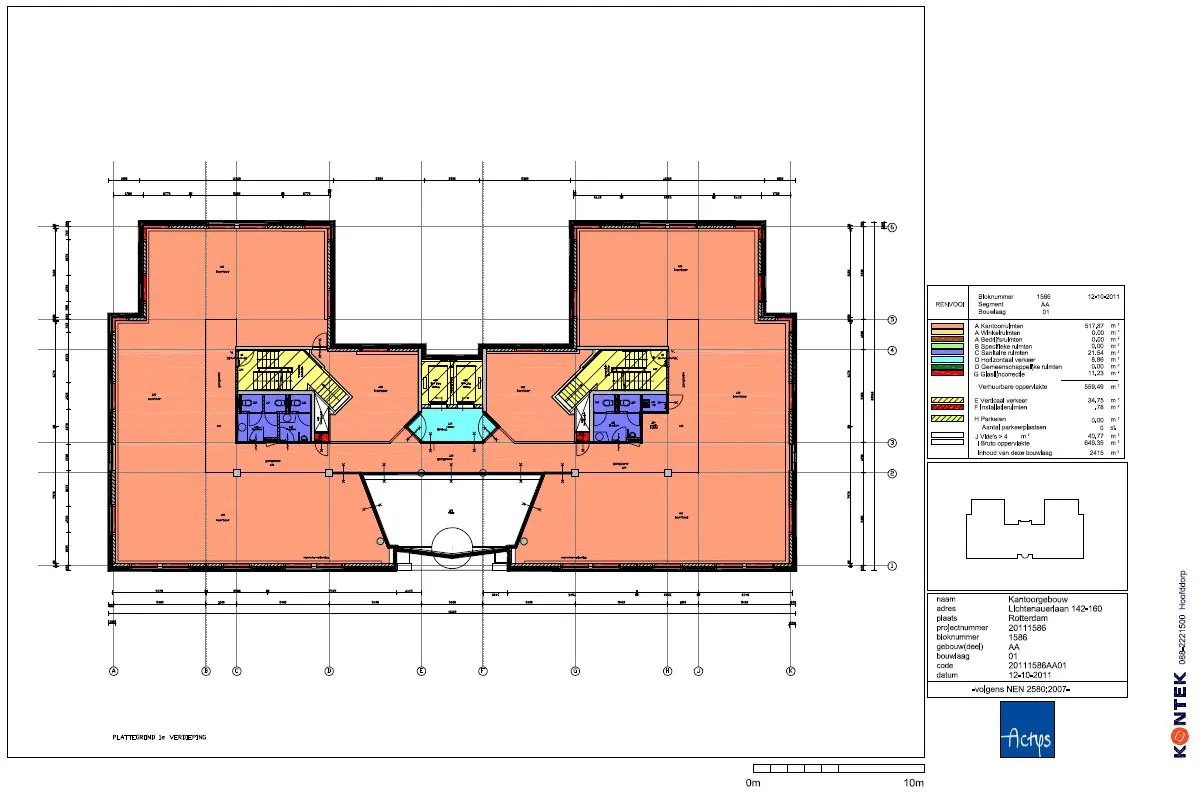 Plattegrond van de 3e verdieping van het kantoorgebouw aan de Lichtenauerlaan 142–160 in Rotterdam.