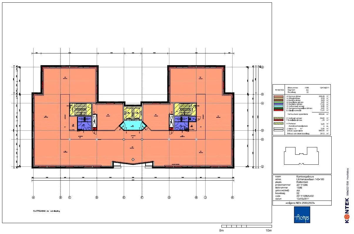 Plattegrond van de tweede verdieping van kantoorgebouw aan de Lichtenauerlaan in Rotterdam met verschillende ruimtes en kleurcoderingen.