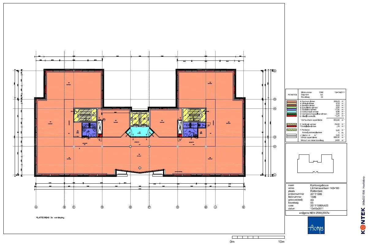 Plattegrond van de derde verdieping van het kantoorgebouw aan de Lichtenauerlaan 142–160 in Rotterdam.