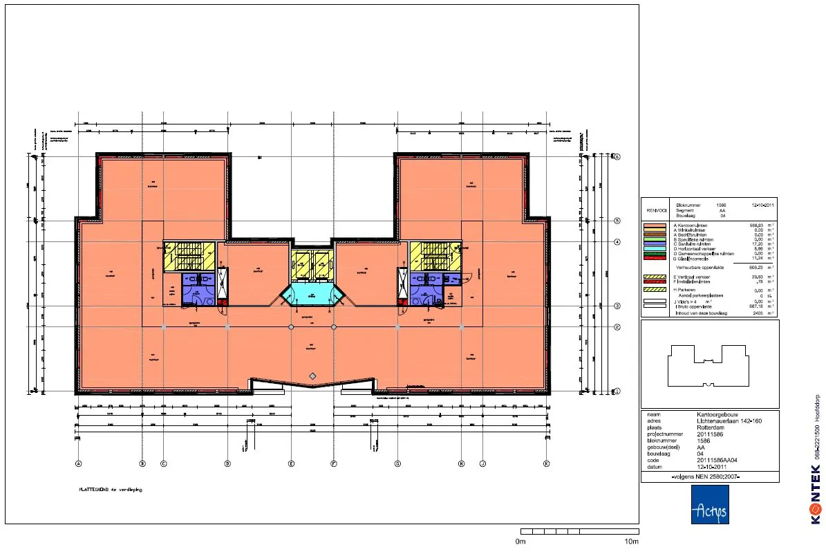 Plattegrond van de vierde verdieping van een kantoorgebouw aan de Lichtenauerlaan.
