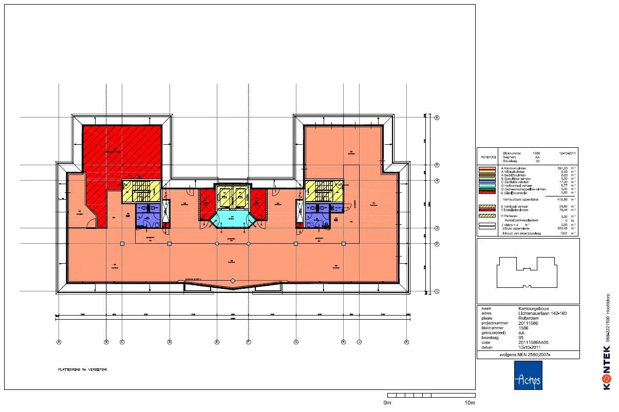 Plattegrond van de 5e verdieping van een kantoorgebouw aan de Lichtenauerlaan in Rotterdam.