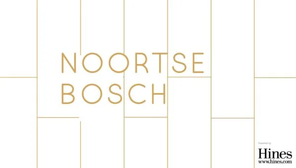 Logo van Noortse Bosch met gouden letters op een witte achtergrond, ondersteund door Hines.
