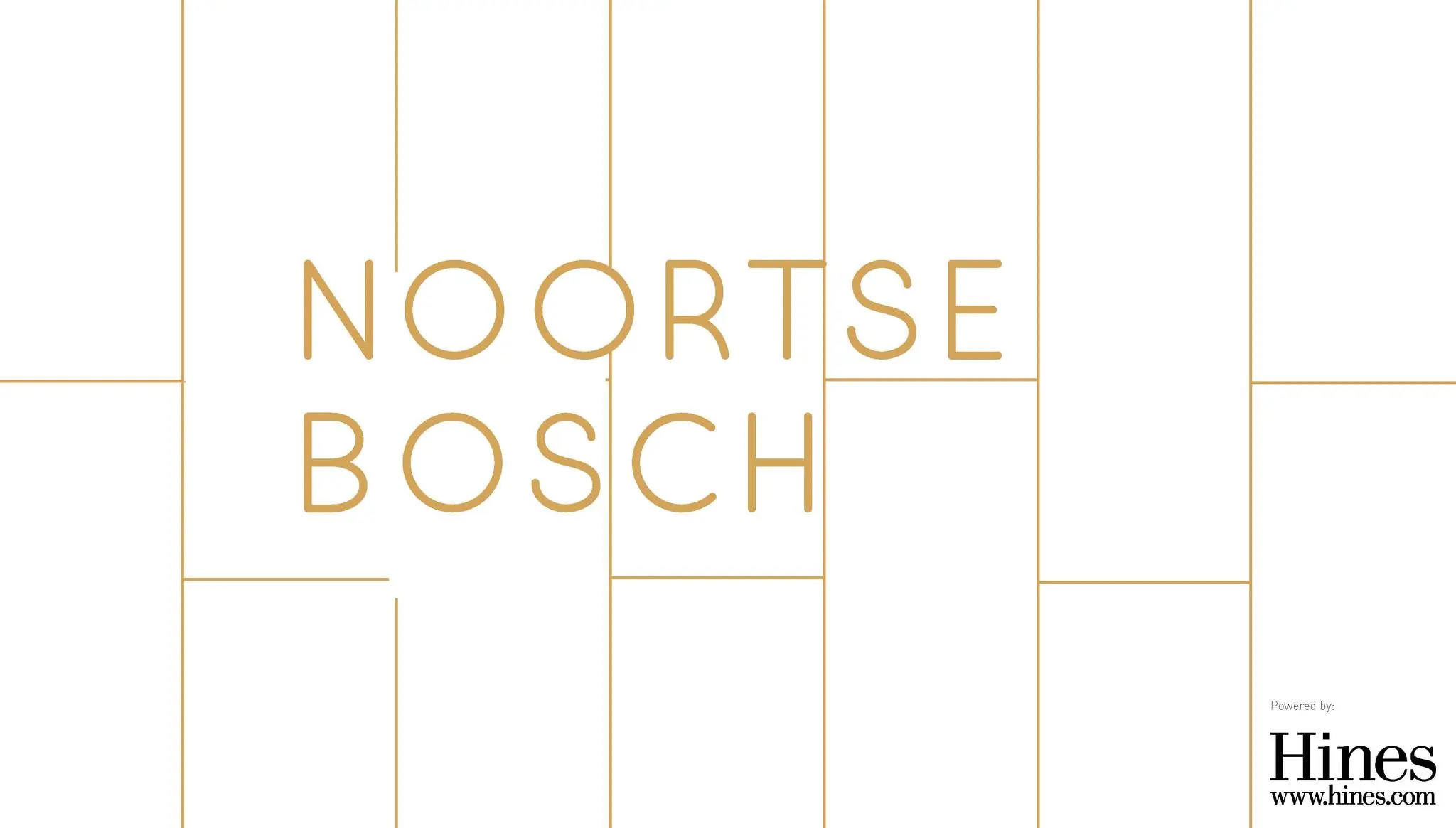 Logo van Noortse Bosch met gouden letters op een witte achtergrond, ondersteund door Hines.