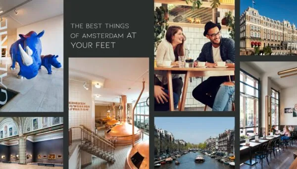 Collage van Amsterdamse bezienswaardigheden en plekken, waaronder musea, horeca, grachten en het Heineken Experience.
