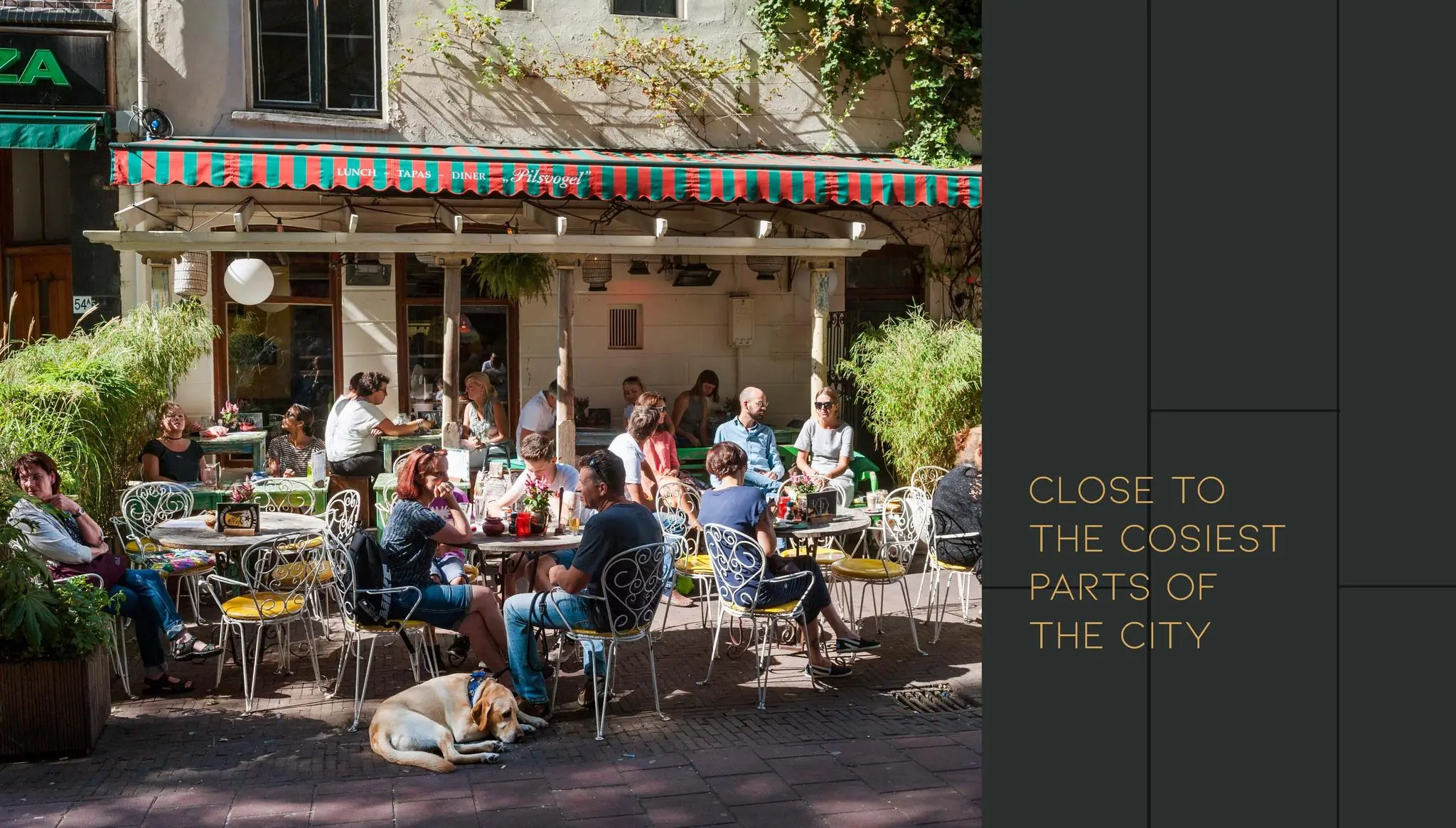 Gezellige drukte op het zonovergoten terras van café Flinck aan de Vijzelgracht, met mensen die genieten van eten en drinken.