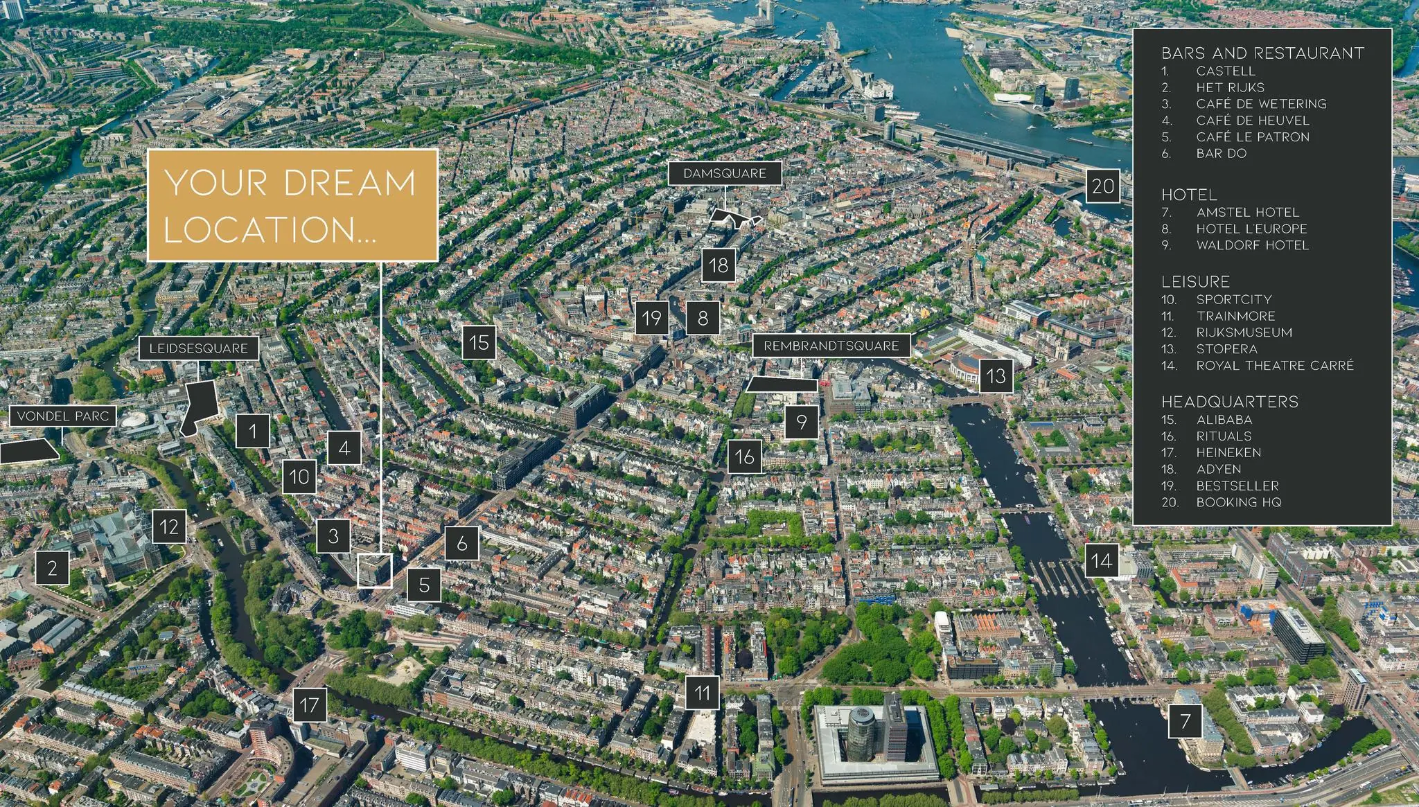 Luchtfoto van Amsterdam met aanduiding van bezienswaardigheden, horecagelegenheden en hoofdkantoren rondom de Vijzelgracht.