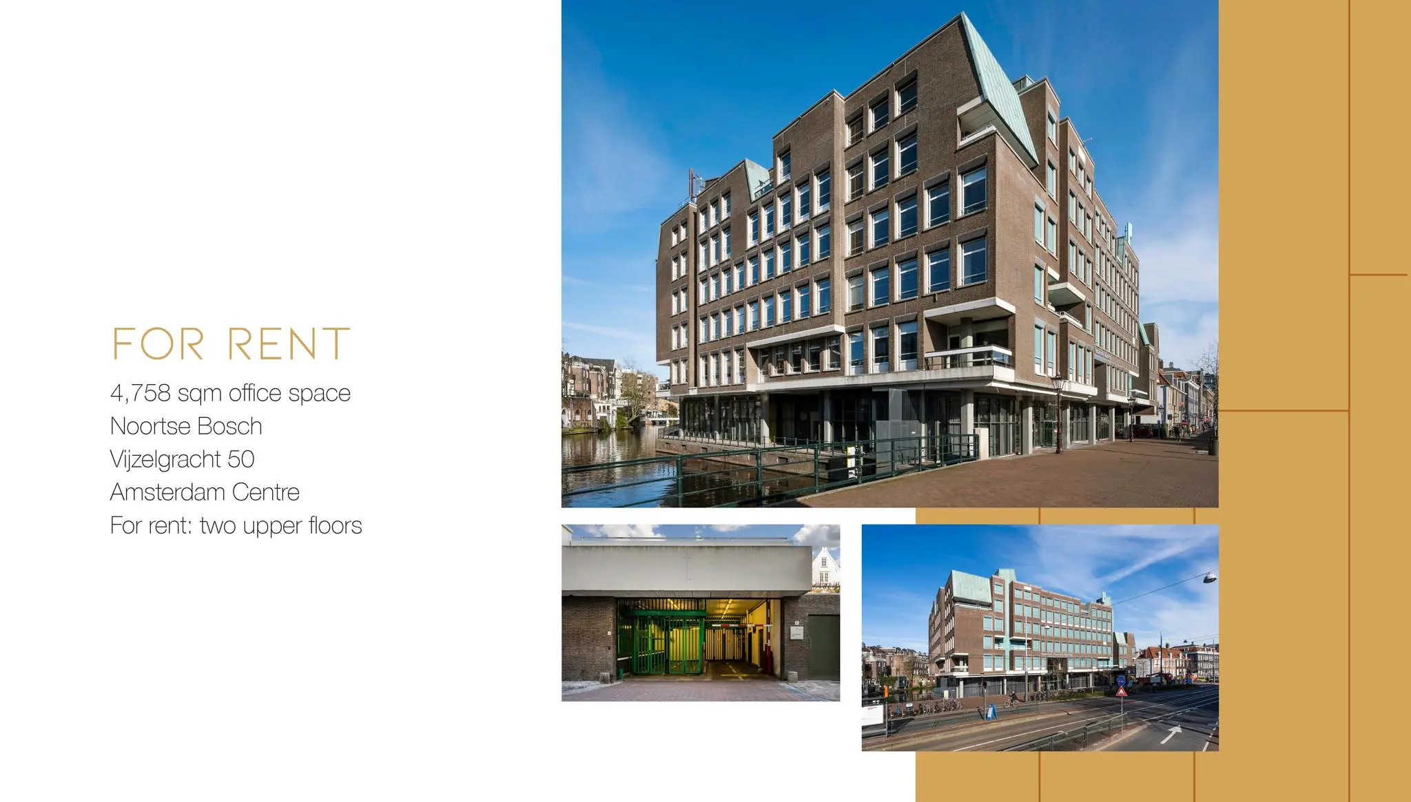 Kantoorpand aan de Vijzelgracht 50 in Amsterdam met twee verdiepingen te huur en uitzicht op de gracht.