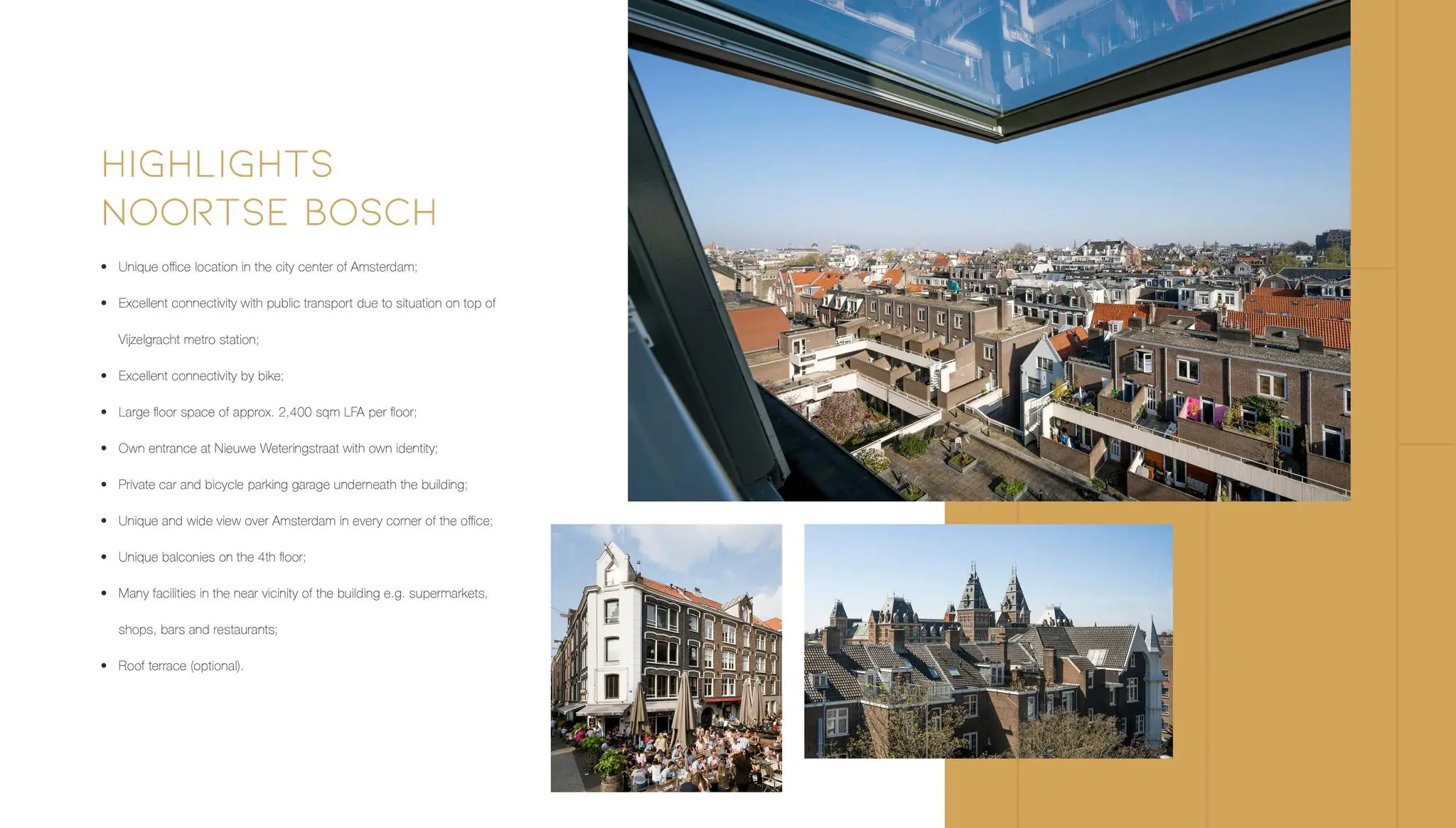 Uitzicht vanaf een kantoorgebouw aan de Vijzelgracht in Amsterdam met zicht op omliggende daken en woningen.