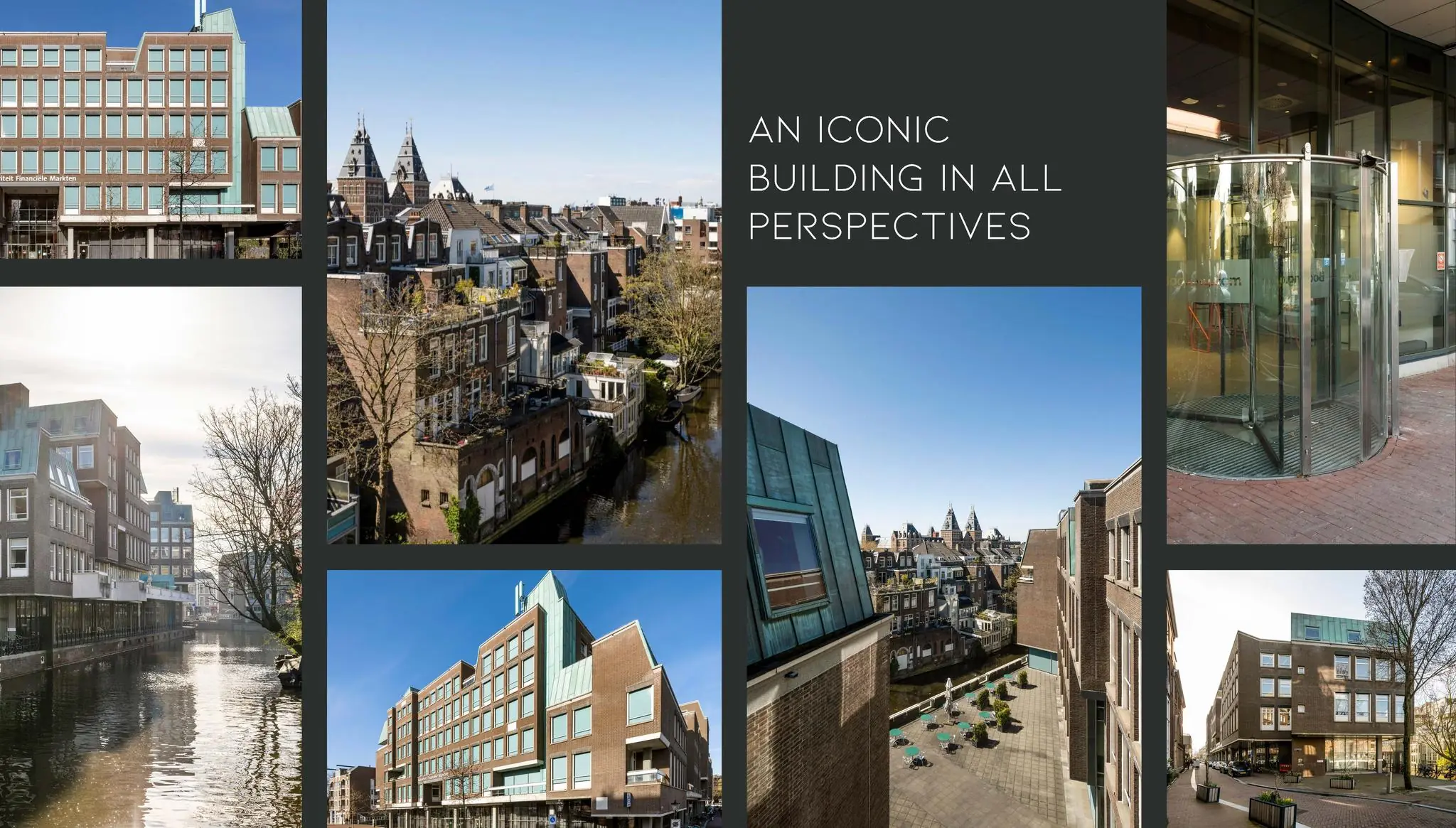 Collage van het gebouw aan de Vijzelgracht in Amsterdam, getoond vanuit verschillende perspectieven en hoeken.