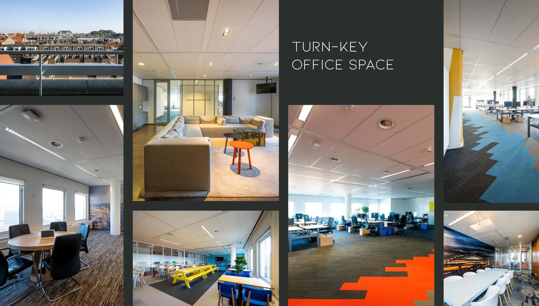 Collage van moderne, volledig ingerichte kantoorruimtes aan de Vijzelgracht met uitzicht over de stad.