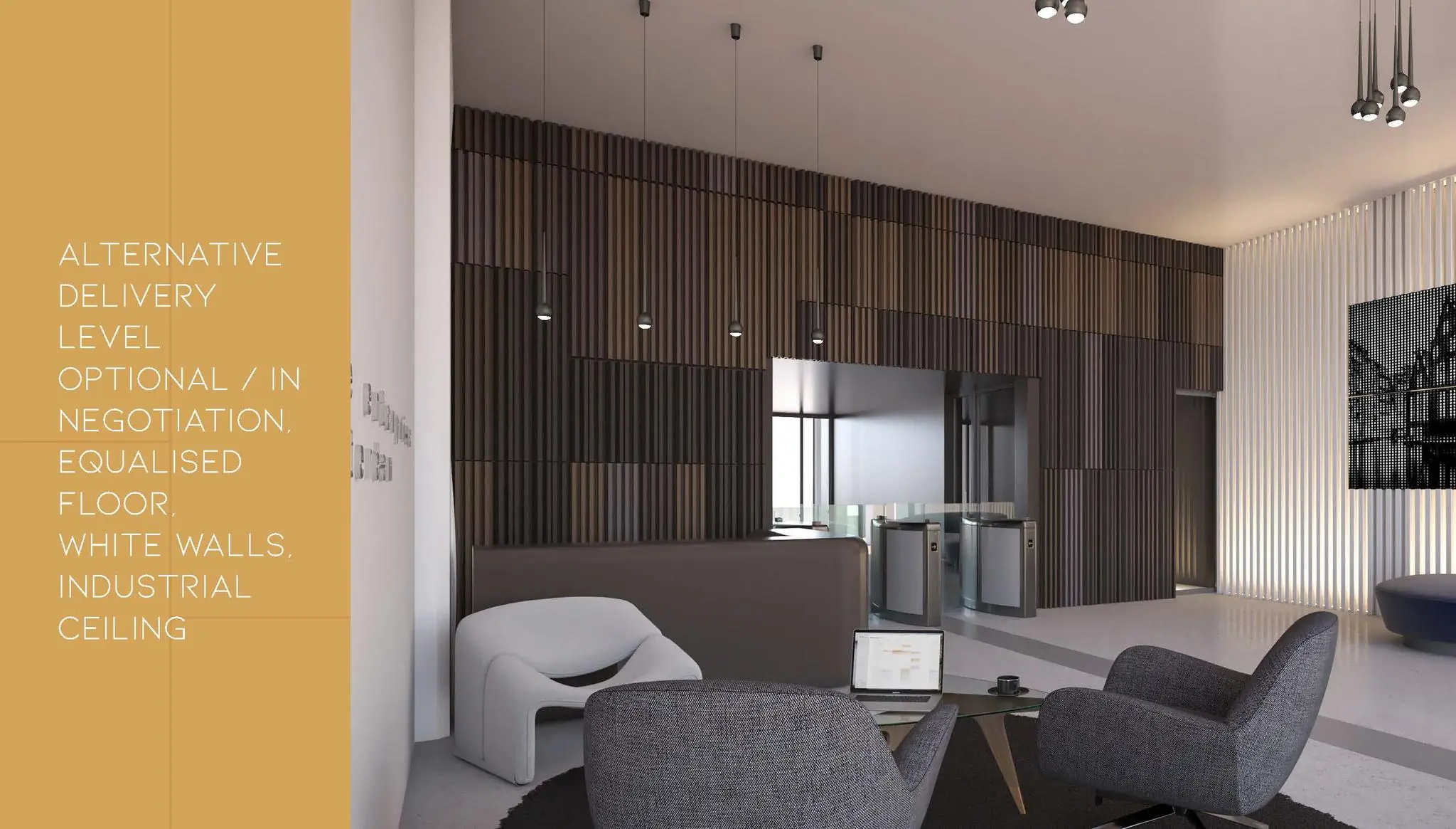 Moderne ontvangst- of wachtruimte aan de Vijzelgracht met strakke meubels, houten wandpanelen en industriële afwerking.