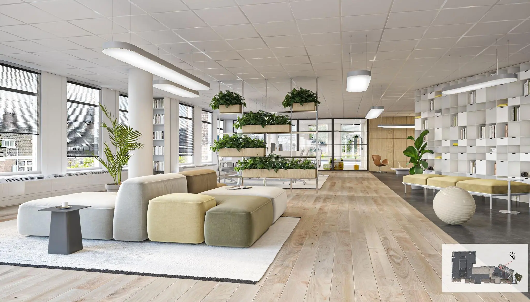 Moderne en licht ingerichte kantoorruimte aan de Vijzelgracht met grote ramen, planten, designmeubilair en een open indeling.