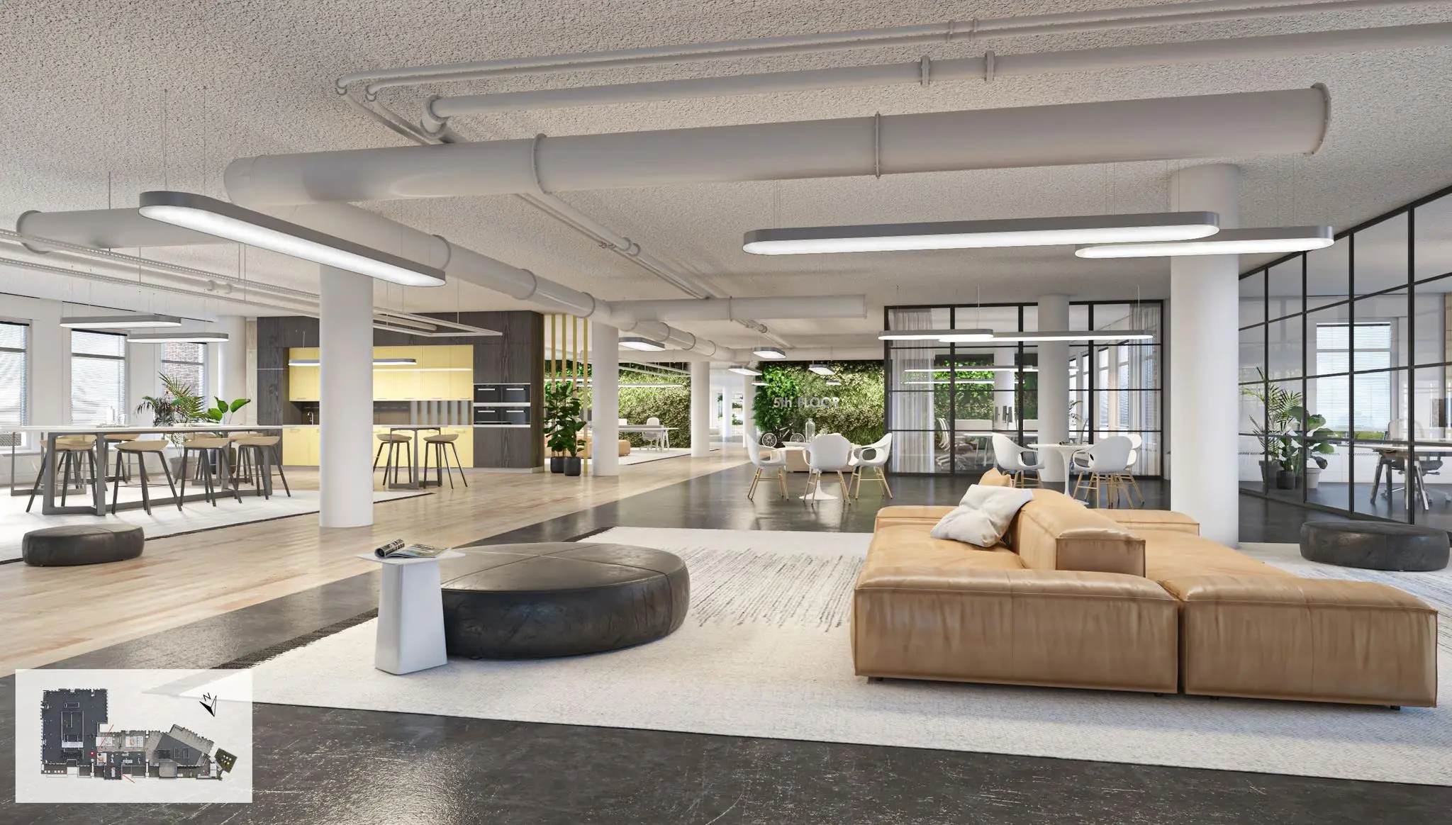 Modern en open kantoorpand aan de Vijzelgracht met loungehoek, eetgedeelte en vergaderruimtes met glazen wanden.