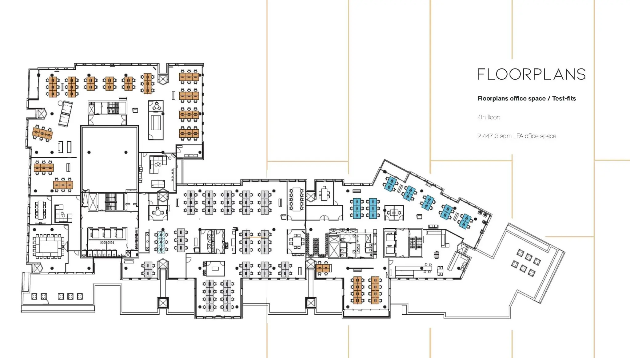 Plattegrond van de vierde verdieping van het kantoorgebouw aan de Vijzelgracht, met diverse werkplekken en vergaderruimtes.