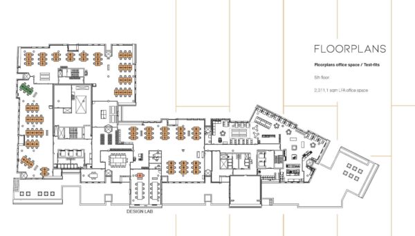 Plattegrond van de vijfde verdieping van het kantoorgebouw aan de Vijzelgracht met diverse kantoorruimtes, werkplekken en vergaderruimtes.