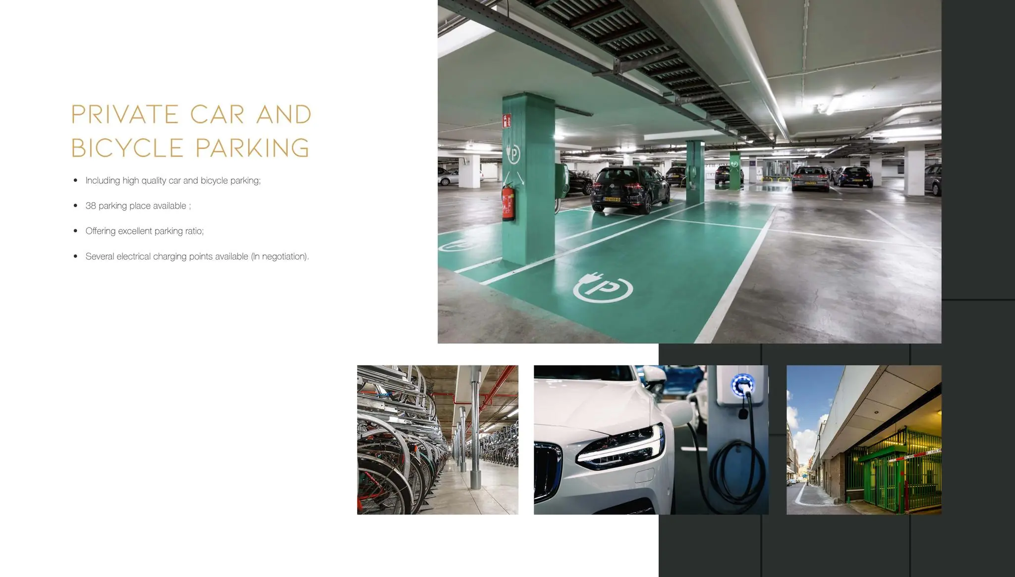 Afbeelding van een moderne parkeergarage aan de Vijzelgracht met oplaadpunten voor elektrische auto’s en fietsenstalling.